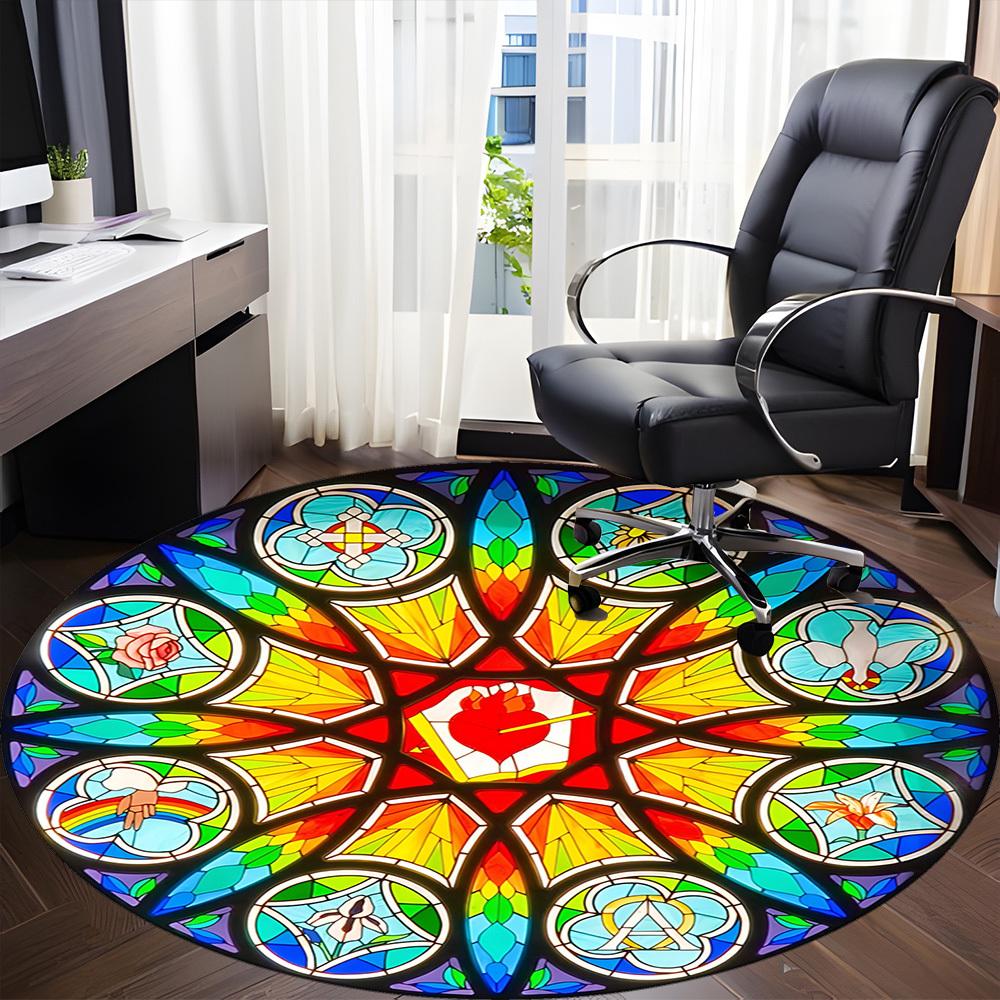 1pc Stained Glass Window Chair Carpet for Office, Round Polyester Mat, Indoor Decor for Office, Easycare Fabric, Washable Non-slip Area Carpet