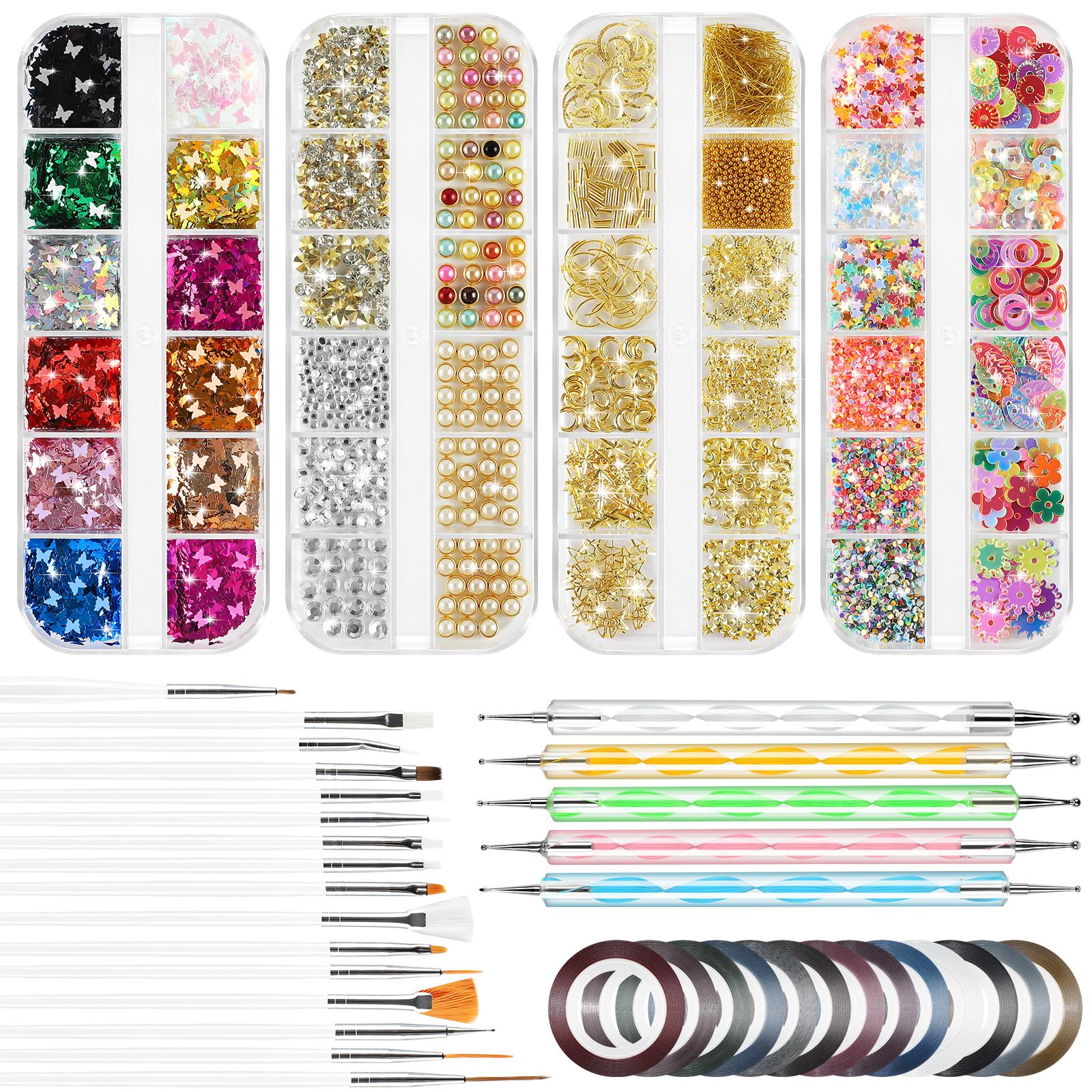 

4 коробки Стразы для ногтей Драгоценные камни для ногтей Бриллианты для ногтей Кристаллы для дизайна ногтей Набор с блестками для ногтей с точечными ручками и 15 шт. Кисти для ногтей для инструментов для дизайна ногтей