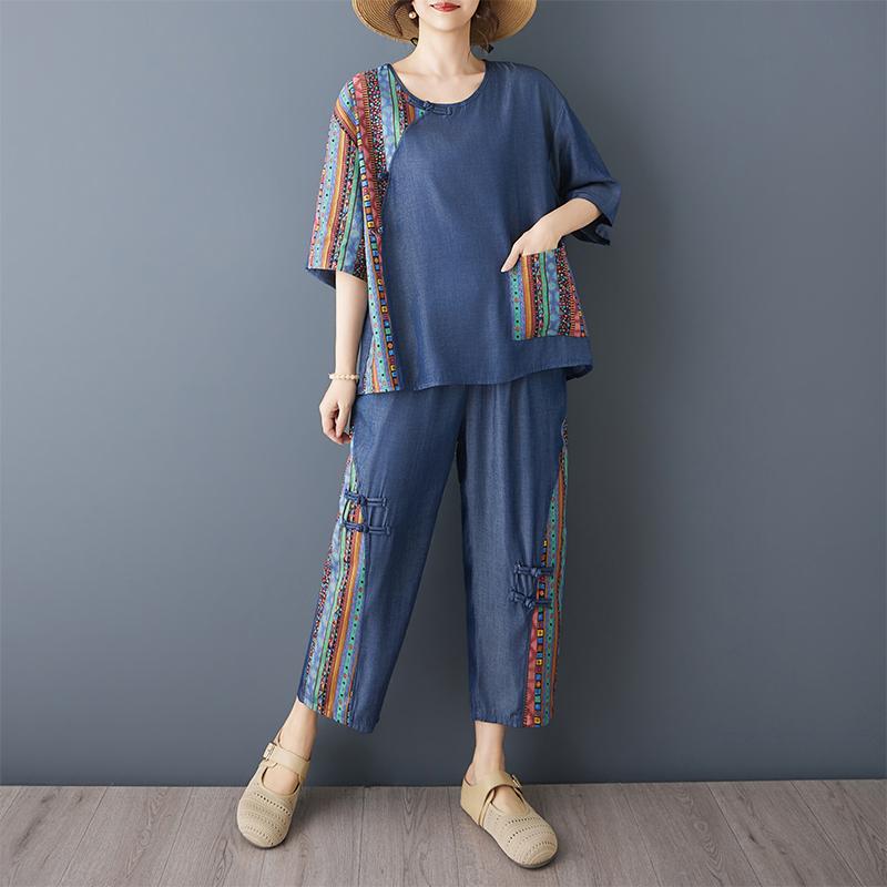 

DIMANAF Plus Size Pants Suits Women Sets Suits Loose Tops Shirts Long Pants Cotton Vintage Casual Clothing Summer M