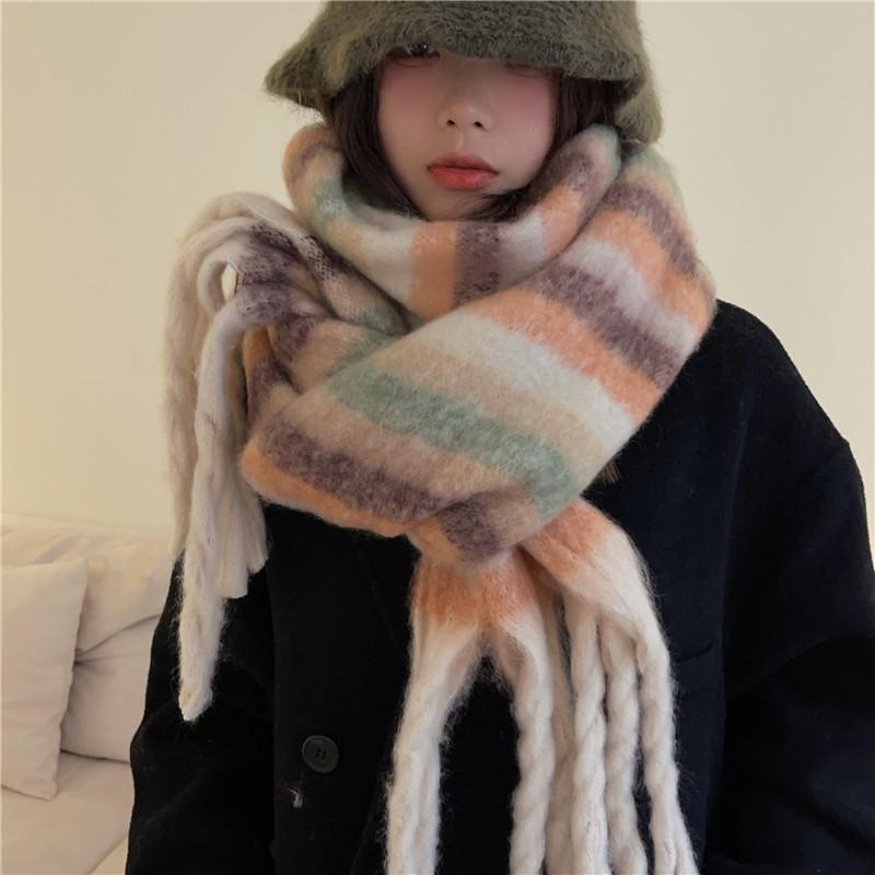 Atmosphere Rainbow Brushed Tassel Scarf Warm Scarf Mohair Thickened Color Striped Shawl Couple Winter