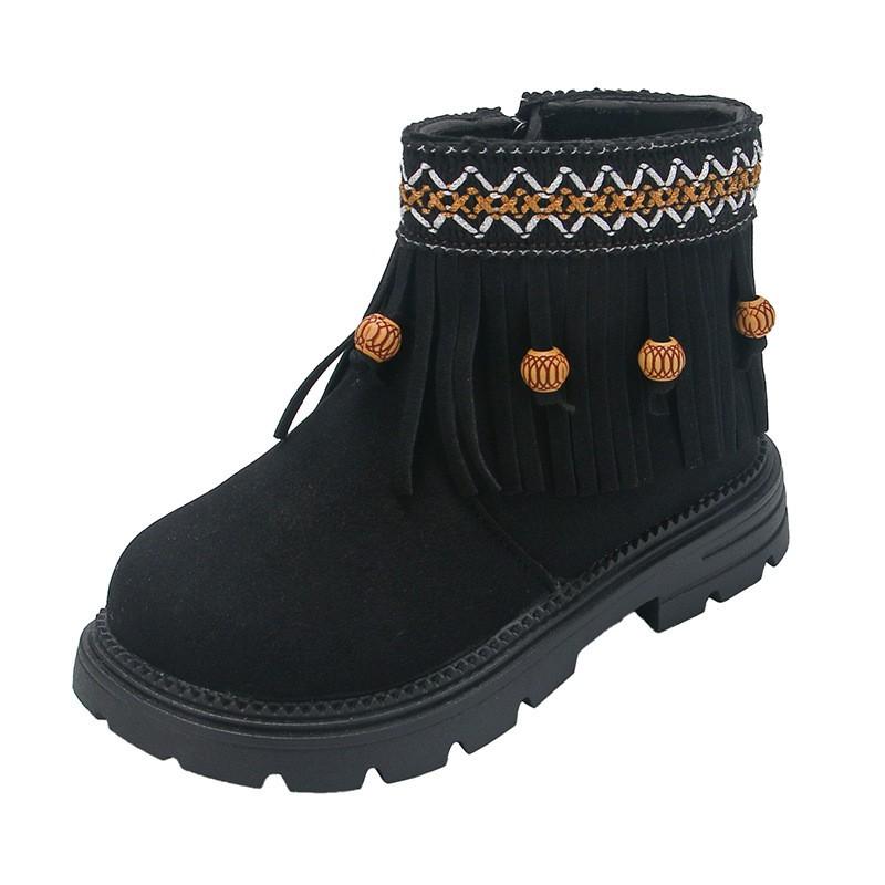 Girls Winter Boots With Tassel Trim Faux Leather Mid-Calf Warm Shoes Kids Ages 4-12 Rubber Sole Anti-Slip