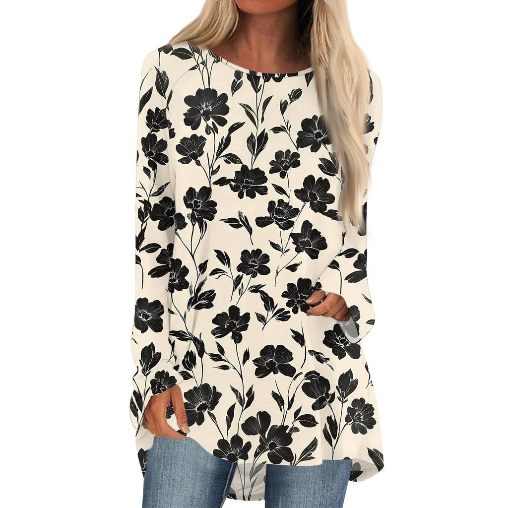Women's Fashion Casual Long Sleeve Print Round Neck Pullover Top Blouse