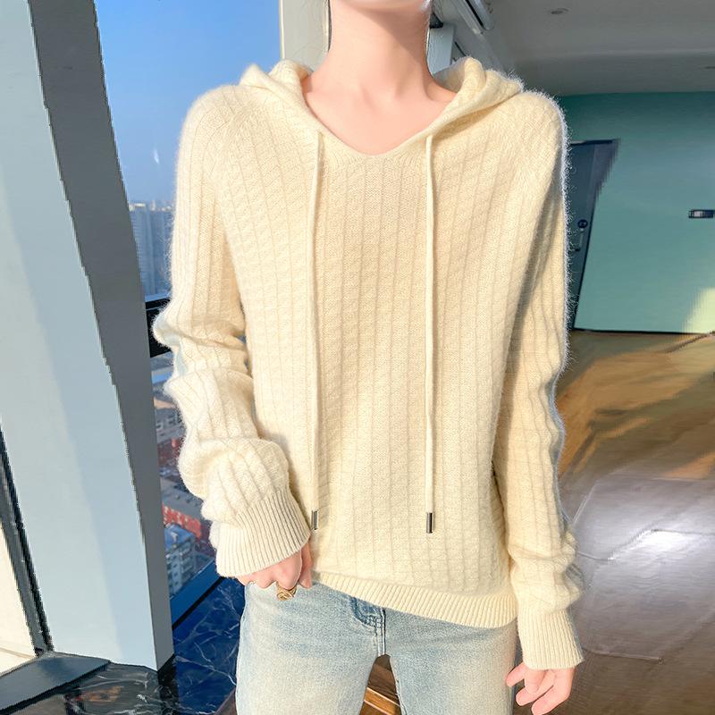 Women's Hooded Pure Wool Knit Hoodie - Autumn/Winter Soft Fluffy Loose Style