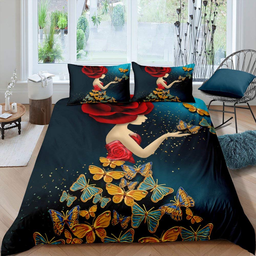 Romantisches Bettwäsche-Set mit Bettbezug Feenmädchen Bettwäsche-Set Mädchen Damen Paar Fliegende Schmetterlinge Dekor Fantasy Rosa Deckenbezug