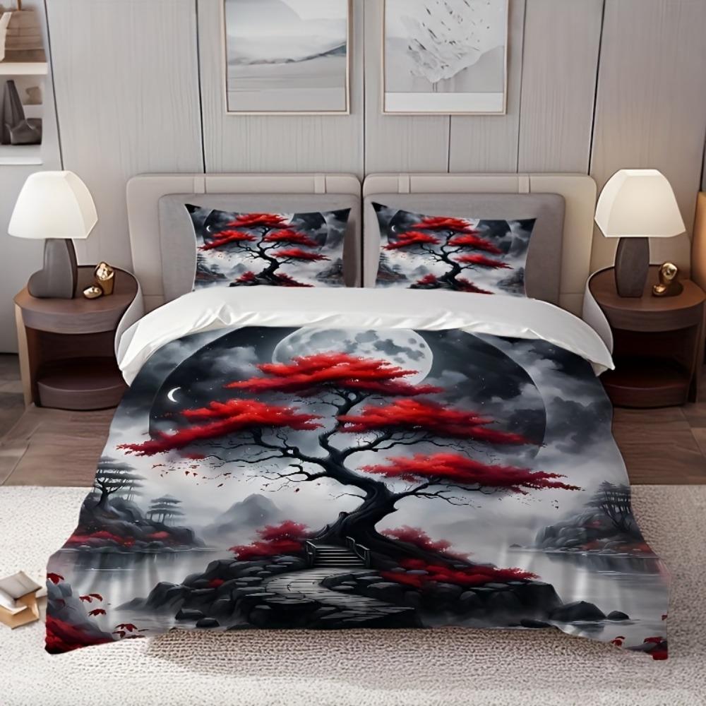 3pcs Chinese Style Bedding Set Misty Scenery Print Cozy Duvet Cover Set King Queen Twin Single Size Birthday Gift Bedroom Decor