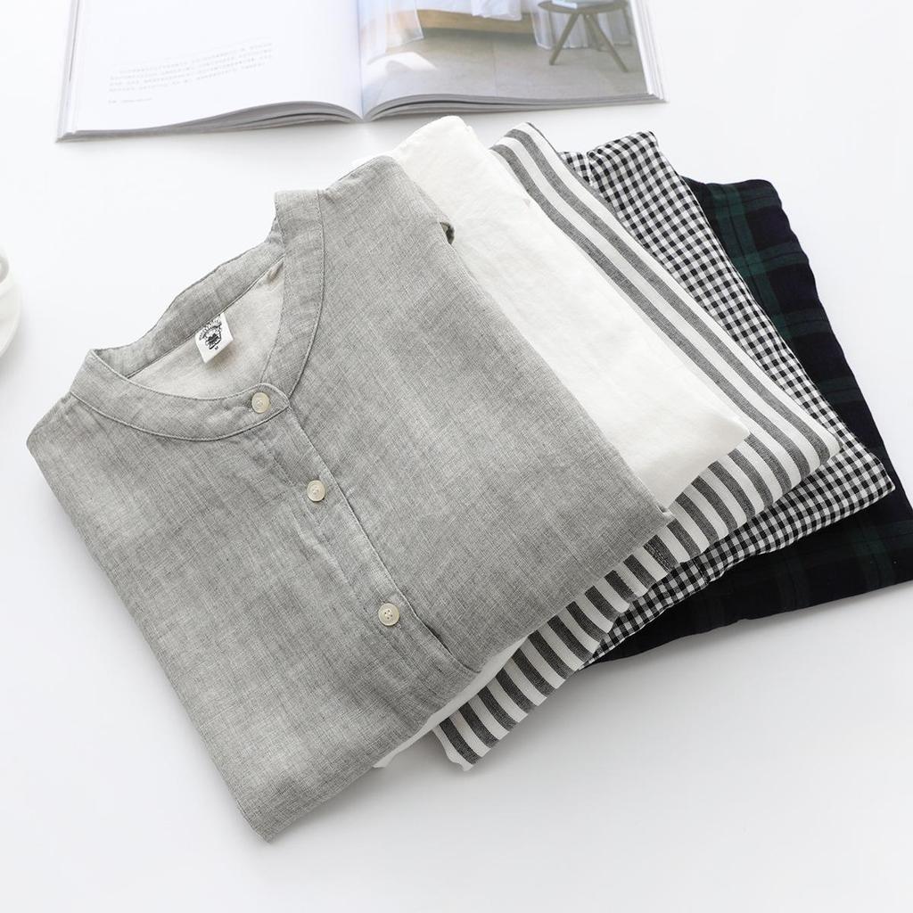 Japanese Minimalist Plaid Women's Sleeveless Stand Collar Shirt & Classic Short Sleeve Shirt