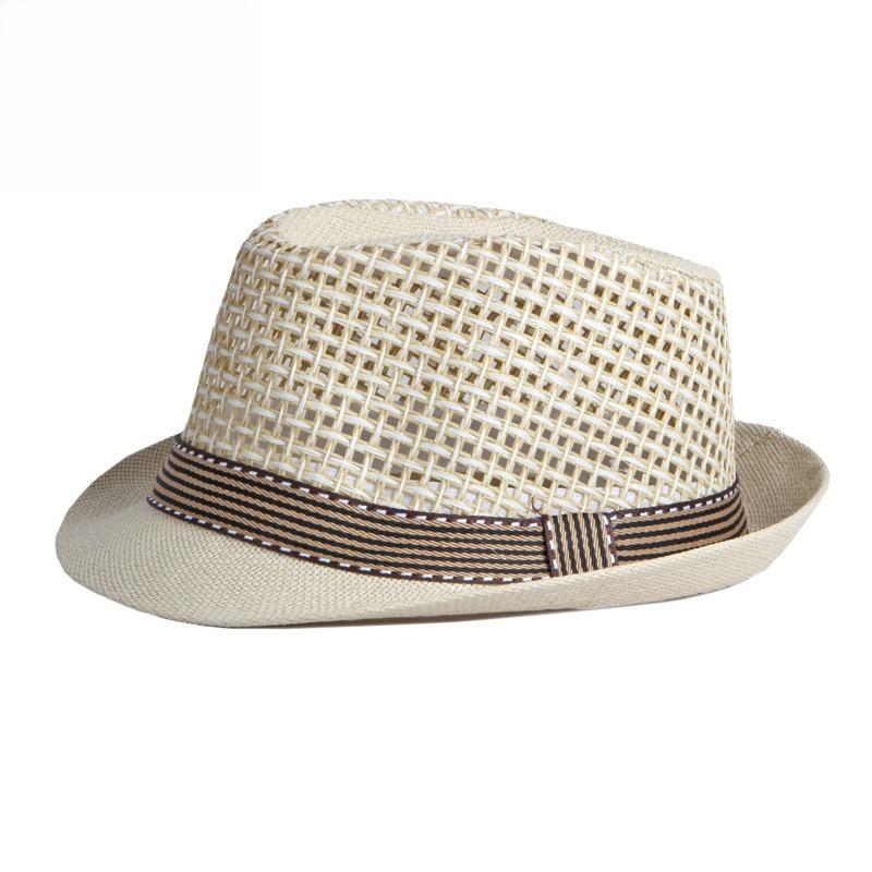 Unisex Summer Straw Fedora Hat Hollow Out Mesh Crown Panama Trilby Cap Striped Band Sun Protection Beach Travel Jazz Hat