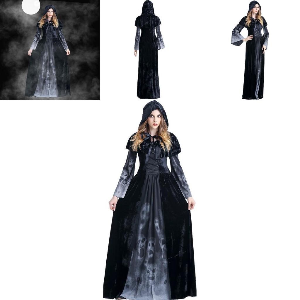 Halloween Cosplay Dress For Women With Skeleton Print Polyester Fantasy Evil Witch Vampire Dead Soul Costume Halloween Costume