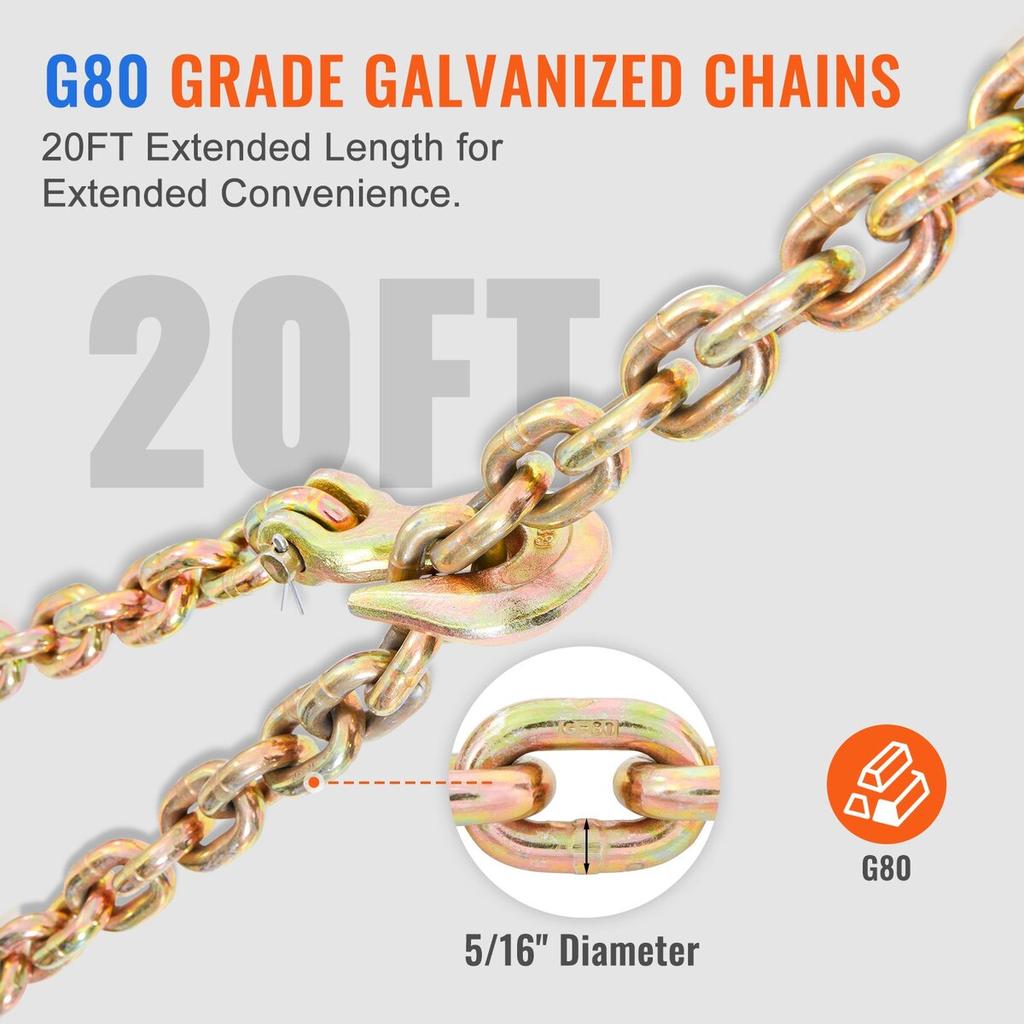 Ratchet Chain Binder, 5/16"-3/8" Heavy Duty Load Binders, with G80 Chains 7100 lbs Secure Load Limit, Labor-saving Anti-skid Handle, Tie Down Hauling