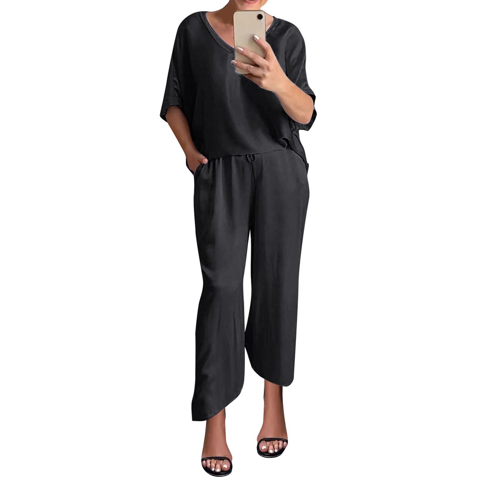 

Женская мода Элегантный однотонный шелковый повседневный комплект с v-образным вырезом XXXXXL чёрный