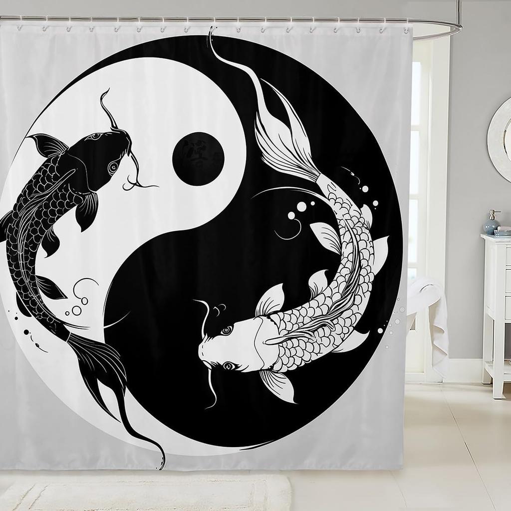 Kids Koi Fish Shower Curtain Boys Girls Japanese Wave Bathroom Shower Curtain Set Japanese Style Bath Curtain Fish Pattern