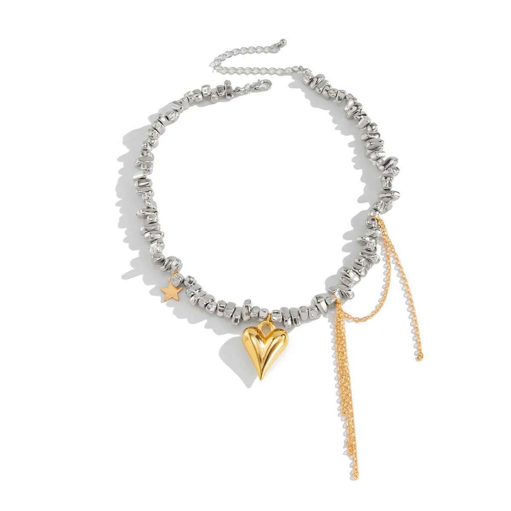PuRui Fashion copper Color Irregular CCB Beads Heart Pendant Necklace Women Elegant Noble Qi Alloy Clavicle Chain Party Zircon