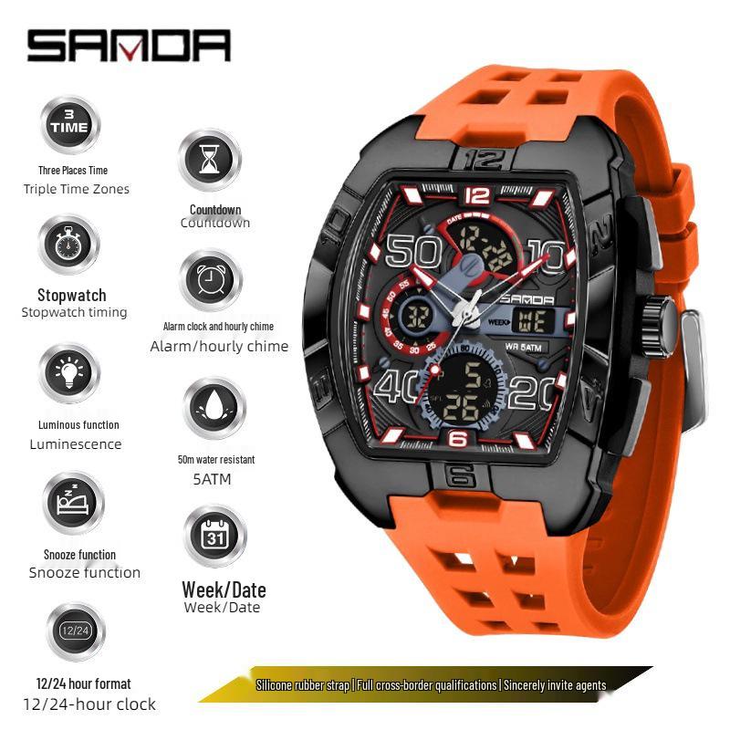 Sanda Men's Sports Barrel-Shaped Luminous Countdown Watch with Triple Time Zone and Dual Display, Waterproof Design.