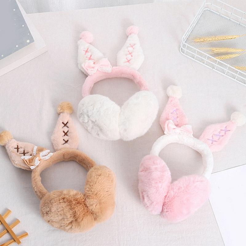 Girls Lovely Bunny Ear Shape Ear Warmer Stuffed Earmuff Warm Plush Winter Earwarmer with Bowknot Decor for Children