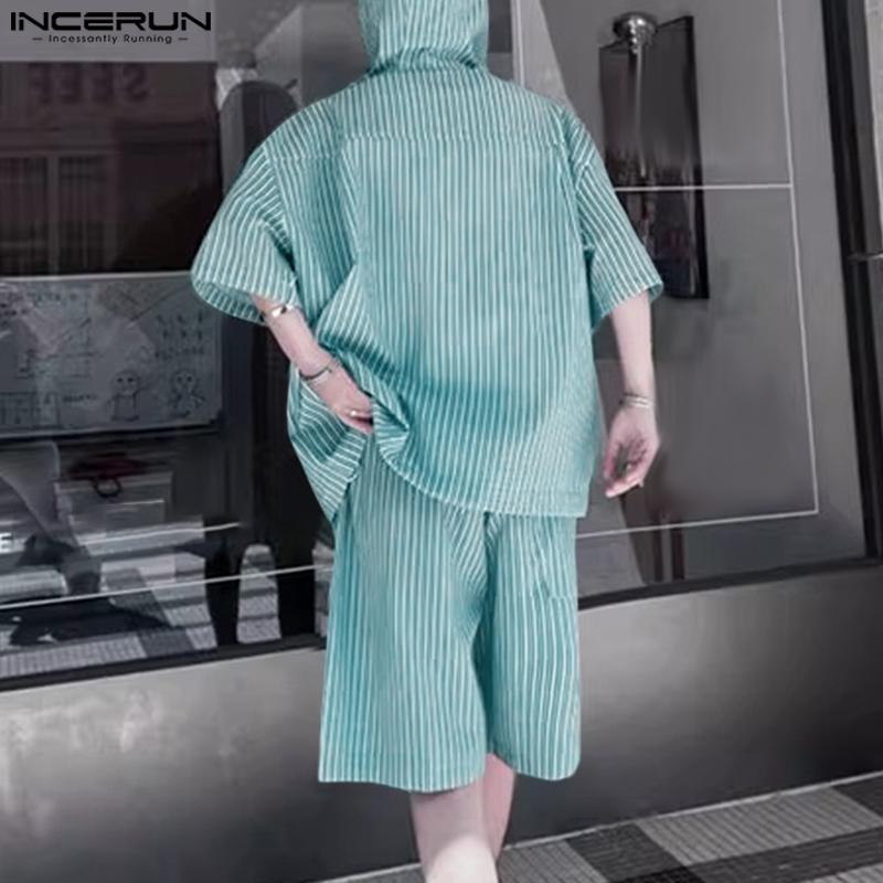 INCERUN Two Piece Sets Men Short Sleeve Striped Hooded Shirts Shorts Outfits