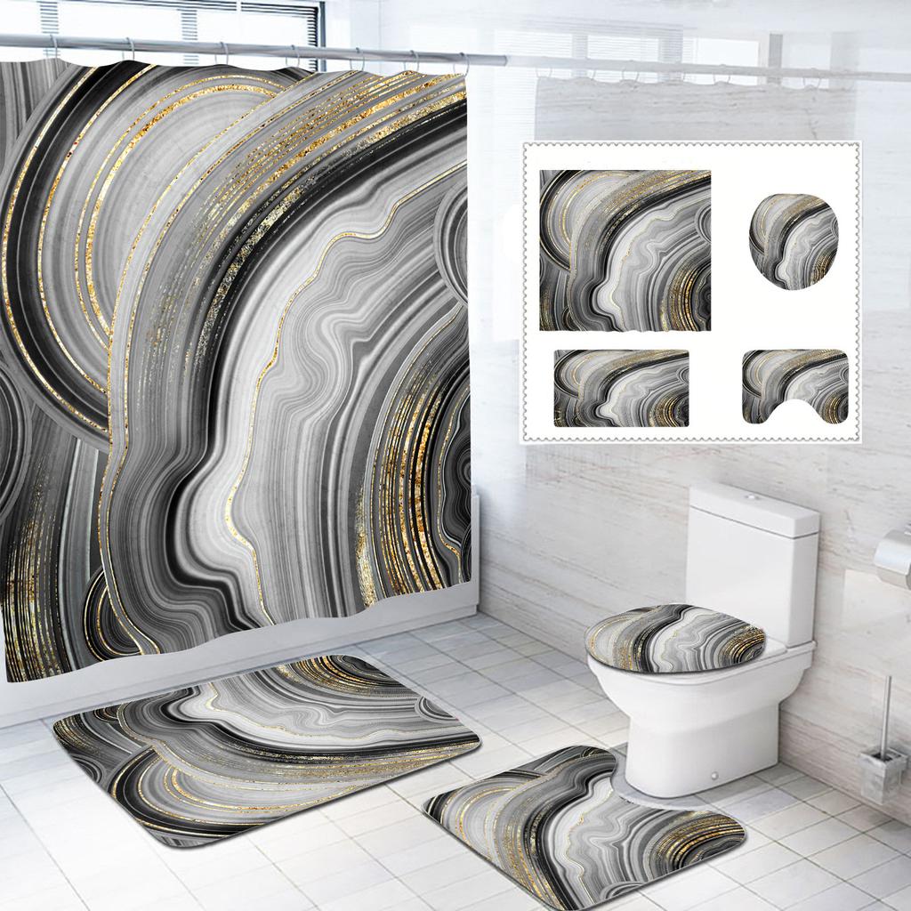 Bathroom Shower Curtain Floor Mat Four-Piece Set, Marble Style, Partition Curtain Floor Mat Three-Piece Set
