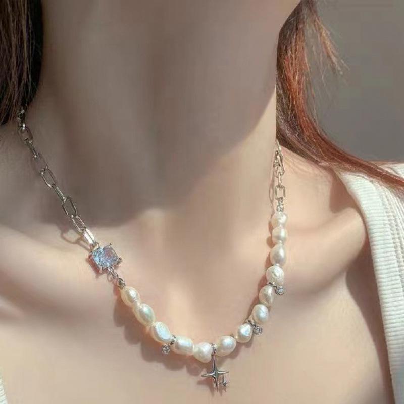 Irregular Freshwater Pearl Clavicle Chain with Zircon Star Design - Autumn/Winter Fashion Niche.