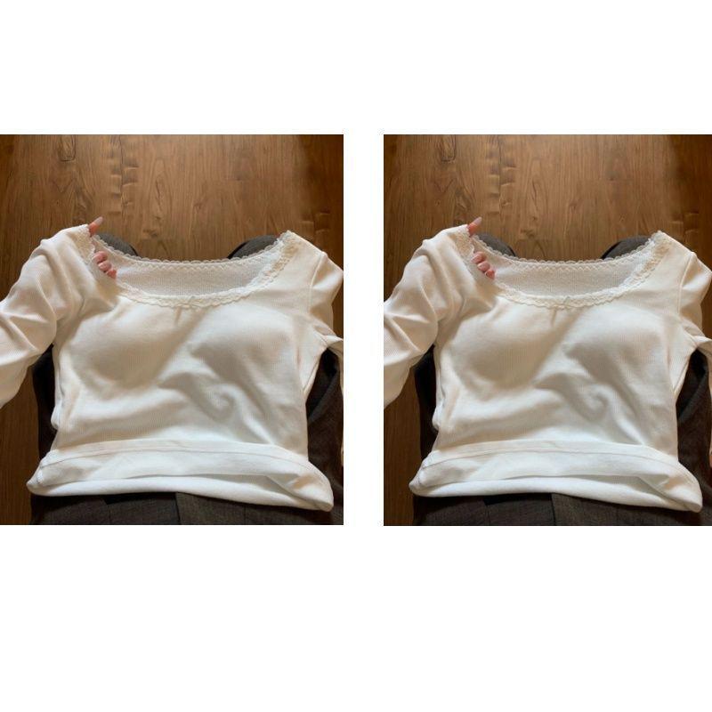 Petite Slim-Fit Women's Long-Sleeve White Lace T-shirt, Korean Style, Autumn/Winter, Gentle Inner Layer, Highlights Collarbone