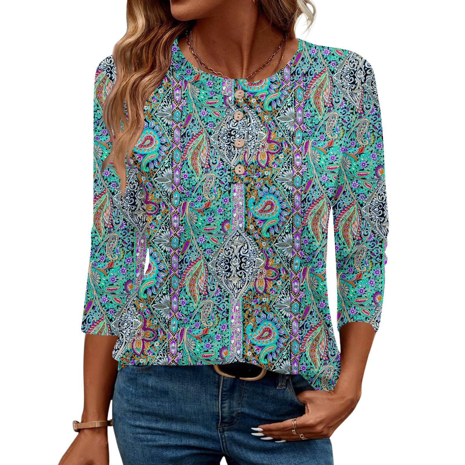 

Рубашки с рукавом 3/4 для женщин, рубашка на пуговицах, топ для женщин, блузка с принтом на половину пуговиц XL небесно-голубой