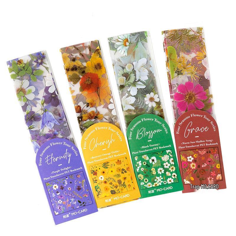 MomoPET Floral Journey Bookmark Collection: Semi-Transparent Page Clips with Four Seasons Flowers.