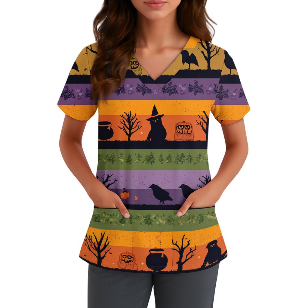 Women V Neck Short Sleeve Printed Top with Pockets Halloween Pattern Comfortable Fit for Healthcare Professionals