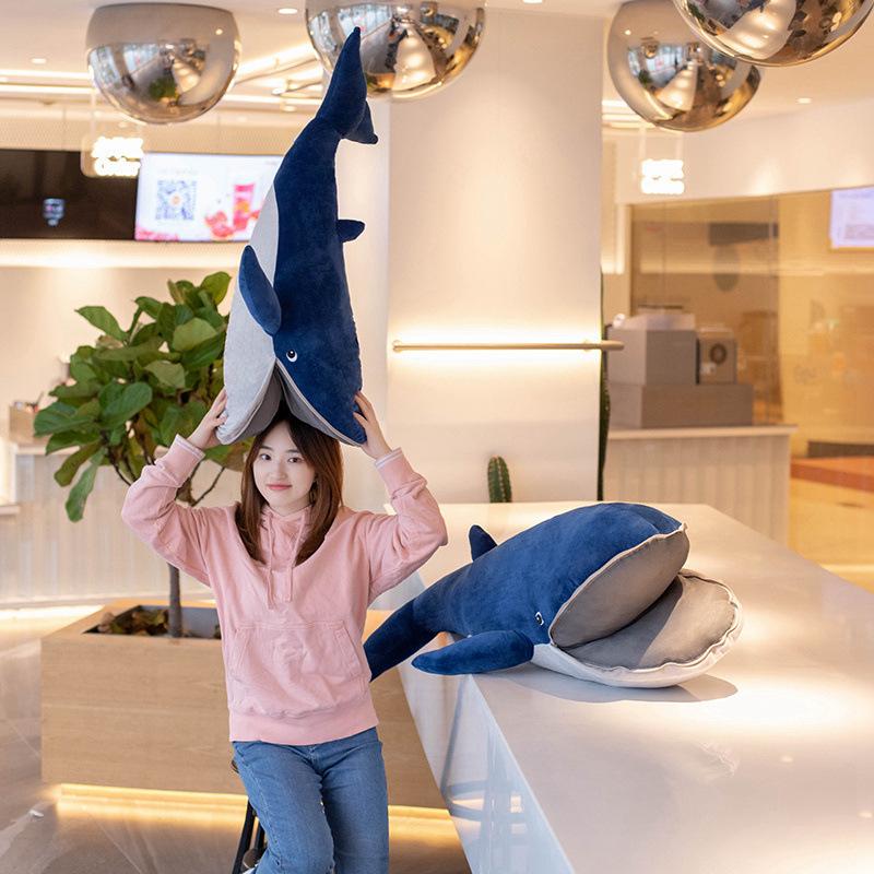 Large open mouth whale throw pillow plush toy doll big blue whale doll girl bed sleeping soothing doll