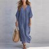 New Fashion V-neck Striped Loose Casual Long Dress for Women European American Vacation Dress