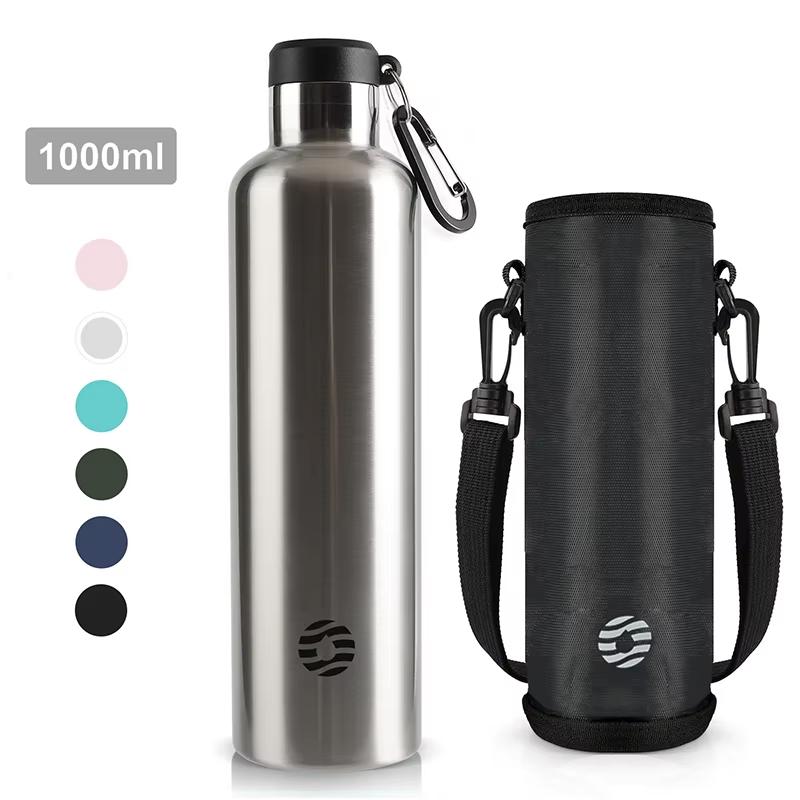 Fjbottle 1000ml Botella Deportiva de Acero Inoxidable con Aislamiento al Vacío y Mosquetón, Antiderrames, Libre de BPA, Botellas Termo