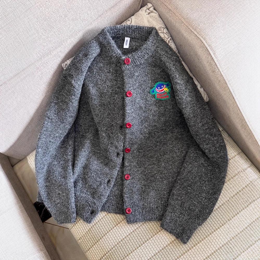 Grey Cartoon Embroidered Sweater Cardigan - Trendy Casual Knitwear for Autumn/Winter