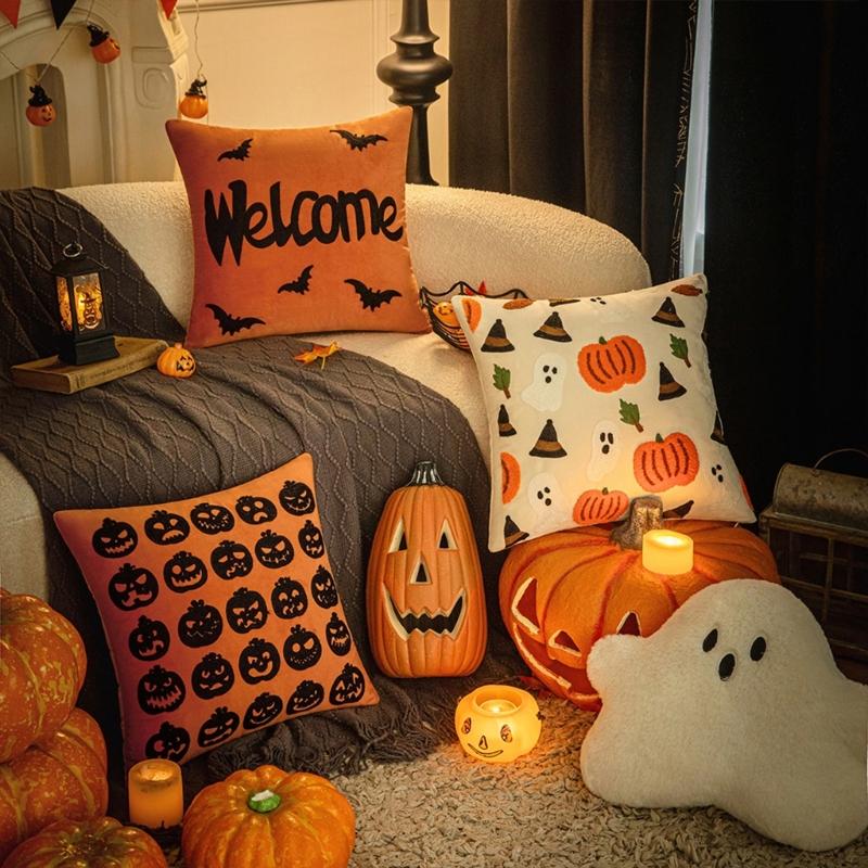 Sturdy Polyester Halloweens Throw Pillowcase With Closure Seasonal Embroidery Sofa Bedroom