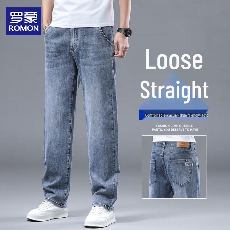 ROMON Men s Cotton Stretch Loose Straight Jeans 33