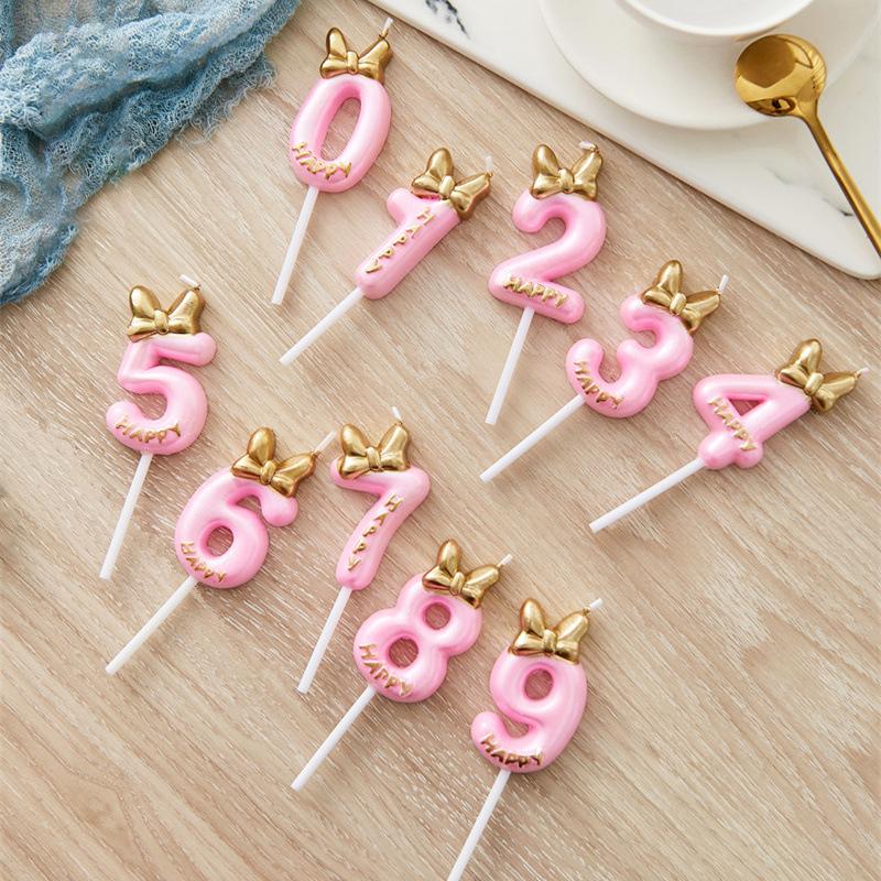 Gold Pink Bow Number Candles Birthday Candle Cake Decoration Digital 0-9 Cake Topper Decor Baby Shower Anniversary Day Decor