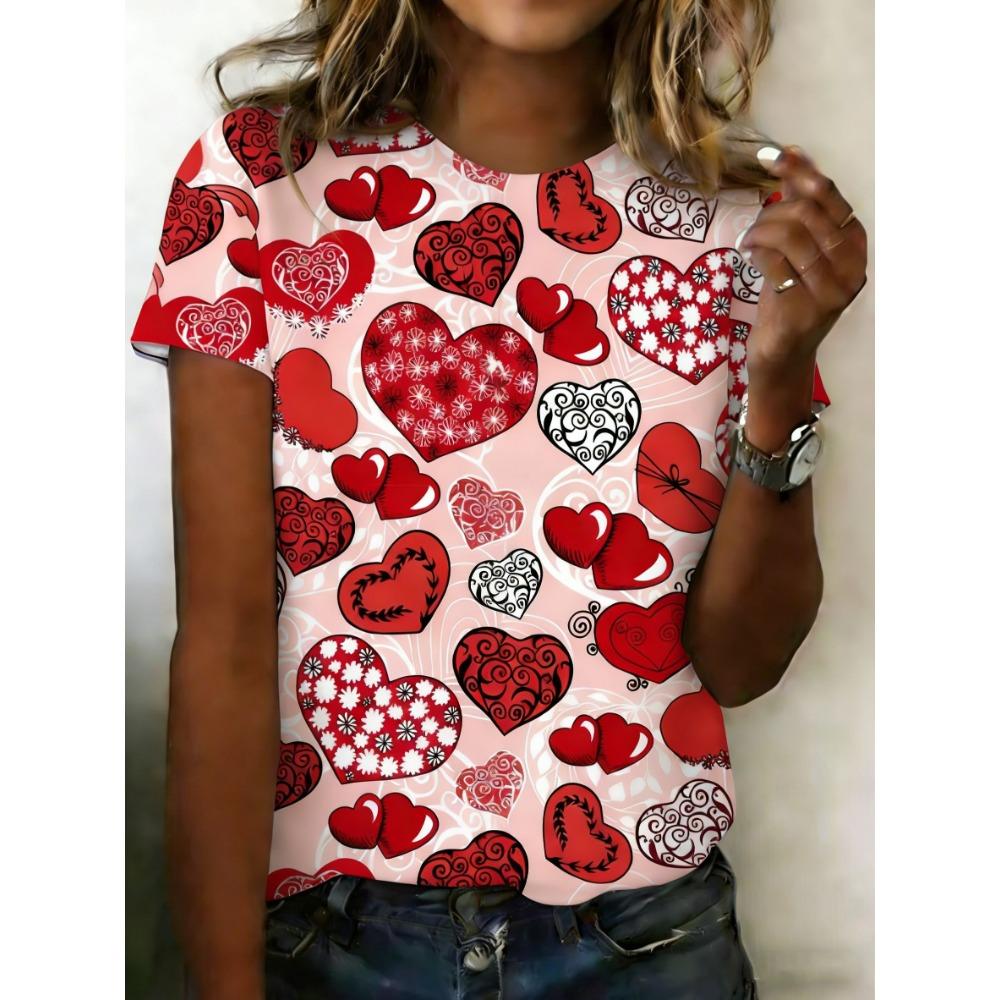 Heart-patterned Strawberry 3D Print Women's Round Neck Short-sleeved T-shirt, Loose Fit Top, Women's Clothing