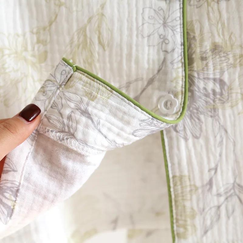 Summer Women's Pajama Set 100% Cotton Crepe Home Furnishings Flip Collar Printed Long Sleeve Set Ladies