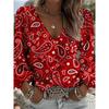 Retro ethnisches V-Ausschnitt Damen Langarm-Oberteil mit Totem-Print locker Langarm. Boho-Stil mit Fransenärmeln. Geeignet für Treffen im Freien.
