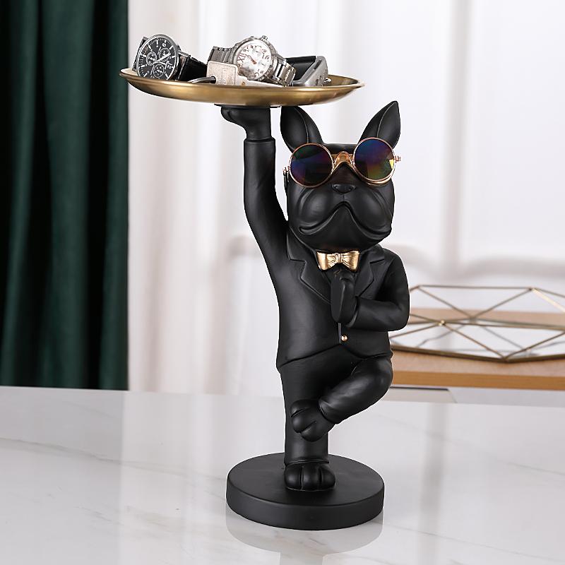 KungFu Bulldog Butler With Tray for Keys Jewelry Stock Storage Nordic Home Decor Dog Statues Resin Sculpture Desk Decoration