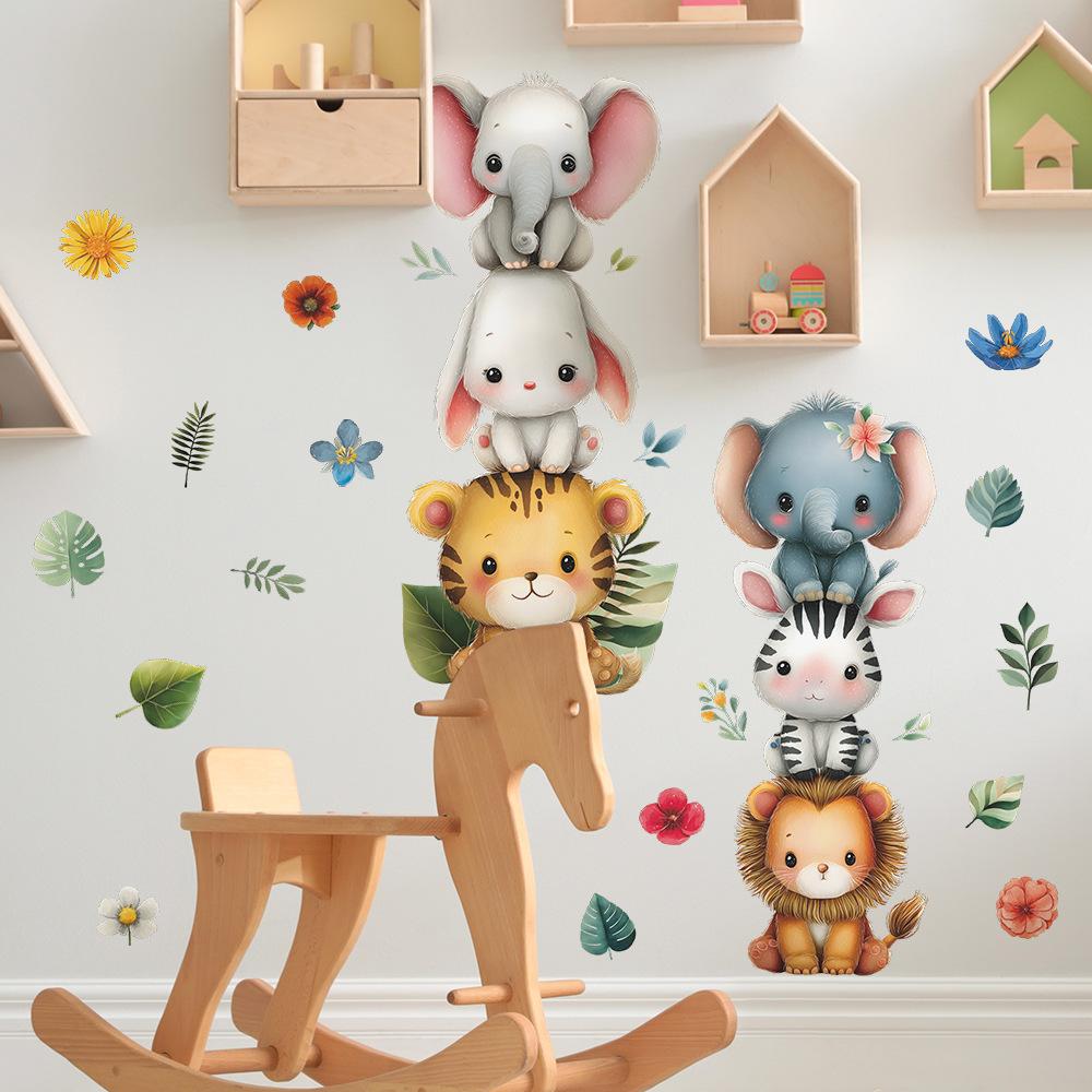 Self-adhesive Wall Stickers Cartoon Animals and Green Leaves for Kids Room Bedroom Home Decor