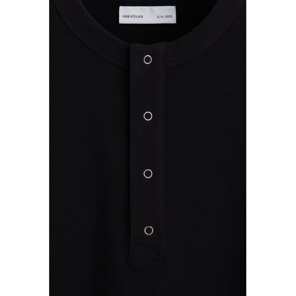 H M Ribbed Linen Blend Henry Top Black