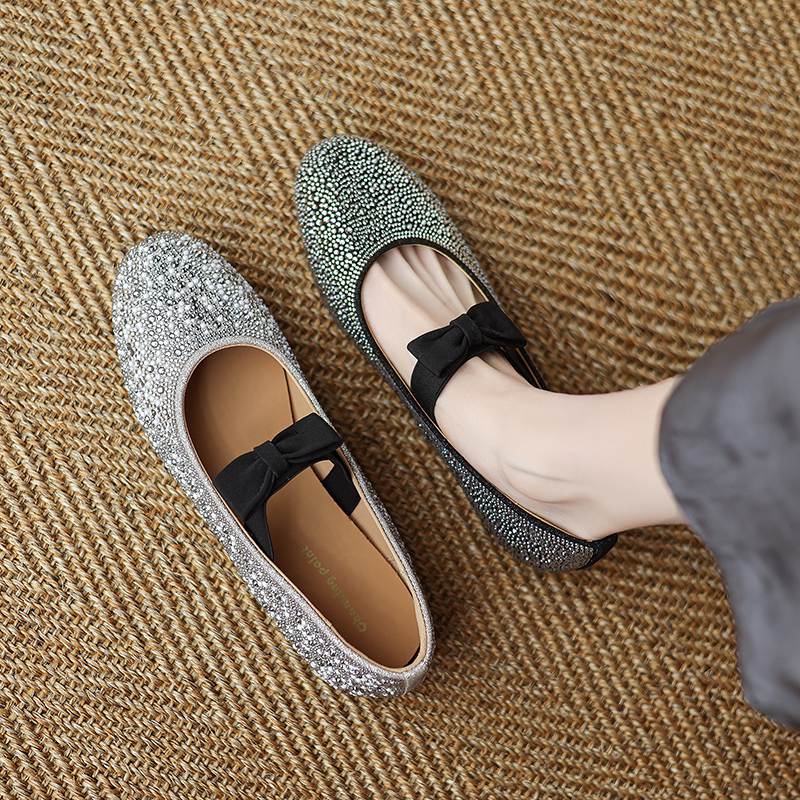 Krazing Pot crystal beading Fashion Spring Size 42 41 Low Heels Women round Toe Shoes Ballet Dance Shallow Flats