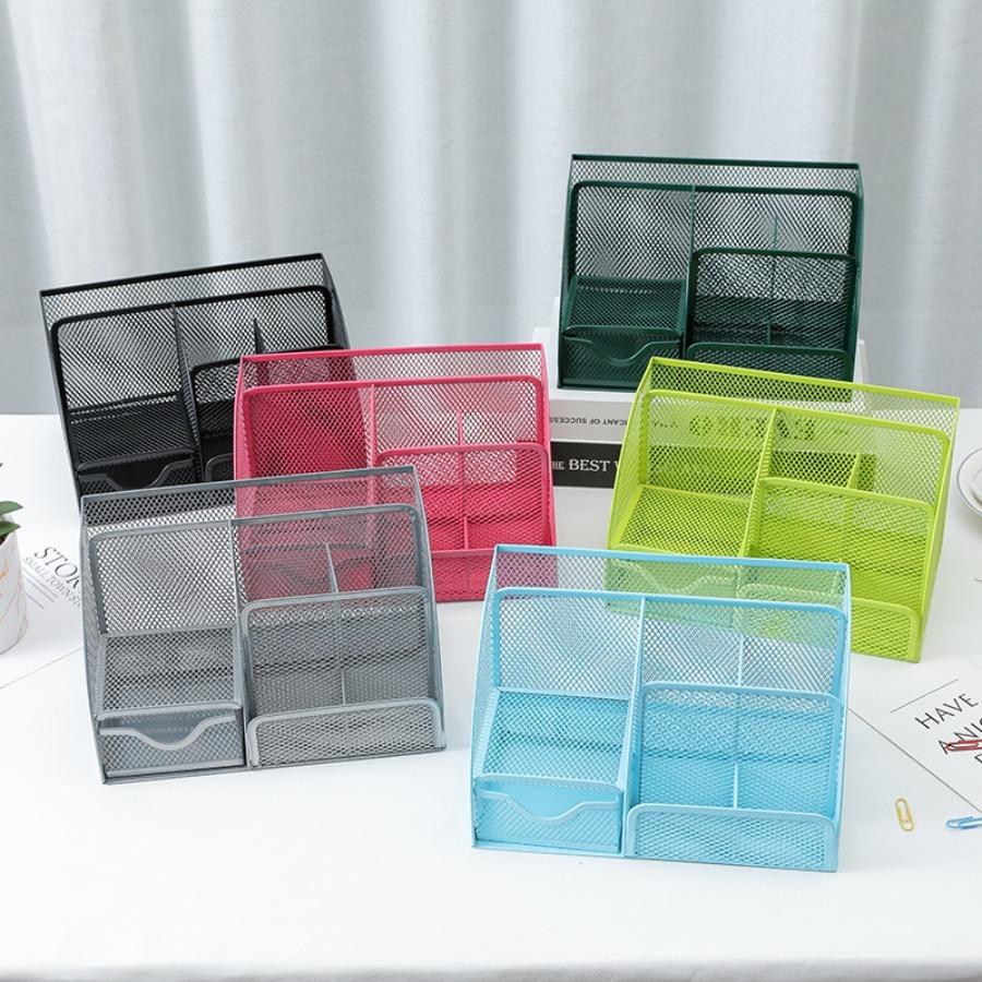 Multi-grid Metal Creative Pen Holder and Pen Bucket; Functional Office Stationery Storage Drawer Storage Box