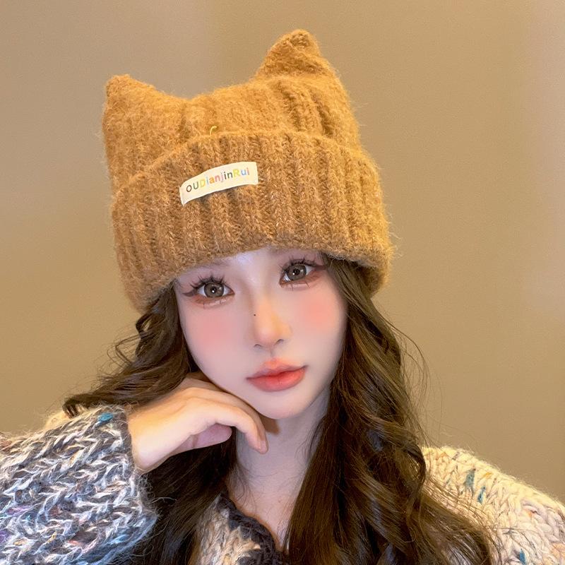 Japanese Cat Ear Woolen Hat for Women In Autumn and Winter Warm and Cute Knitted Hat Korean Style Casual All Match Pullover Cold Hat