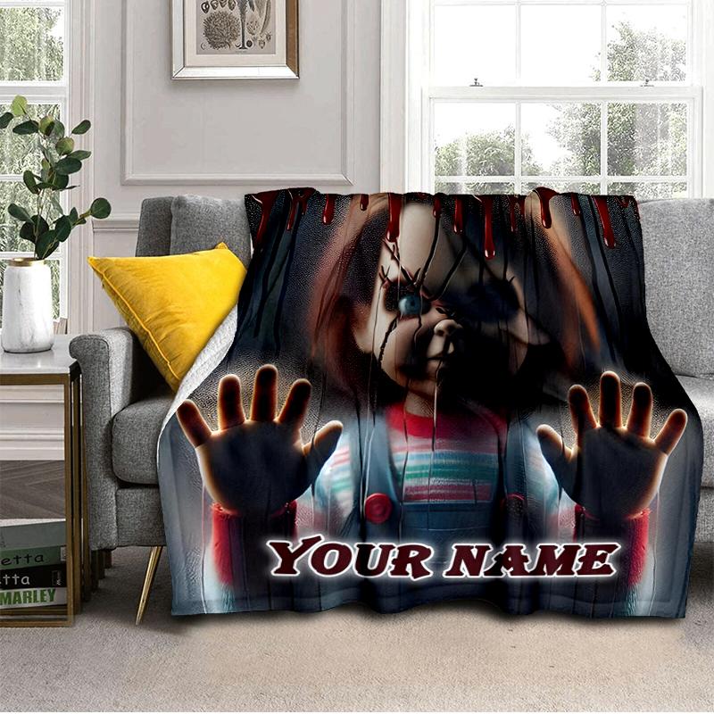 1PC Custom Name Horror Movie Poster flannel blanket versatile,all-season throw suitable for the living room,bedroom,camping,travel,and gift