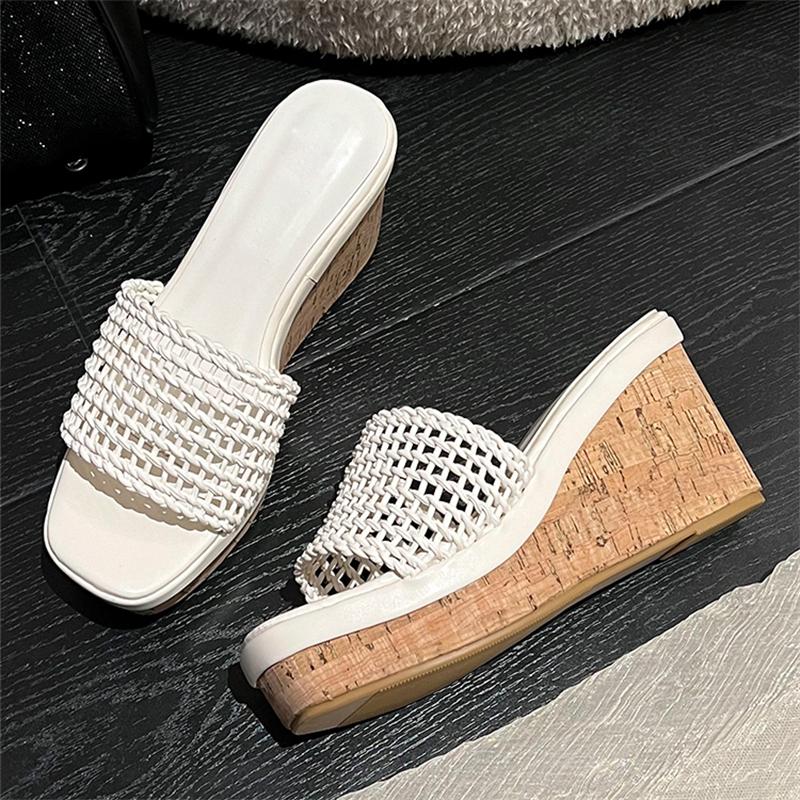 Pesstwei  Summer Street Designer Wood Grain High Heels Hollow Out Breathable Fashion Platform Wedges Woman Slippers Shoes