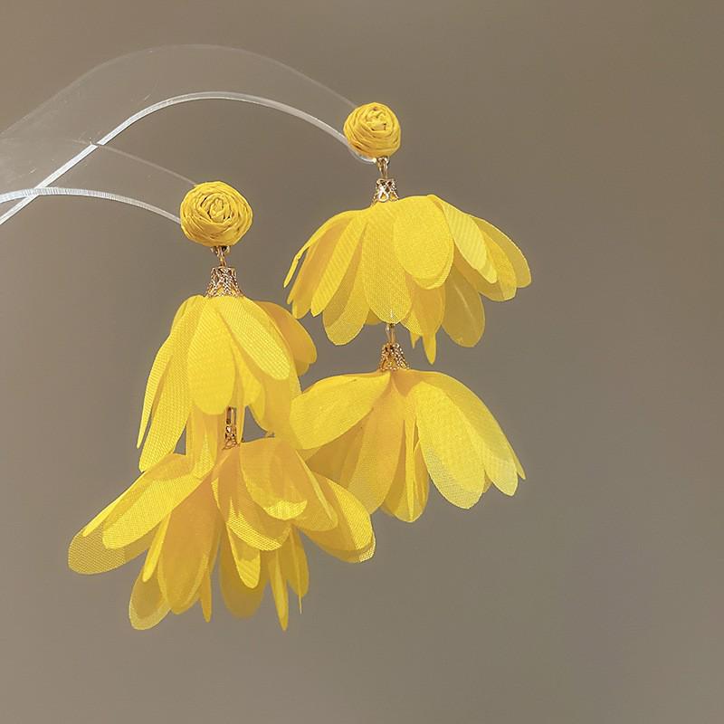 Silver Needle Chiffon Flower Tassel Earrings, Sweet Mori Style, Dopamine Trend, Versatile Women’s Earrings