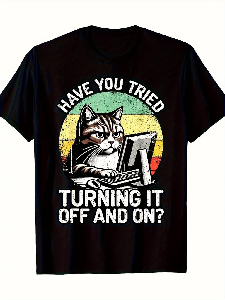 Men' Funny IT Tech Support T-Shirt - Have You Tried Turning It Off & On Computer Humor Tee with Laptop Design, Crew Neck Short Sleeve Shirt Suitabl
