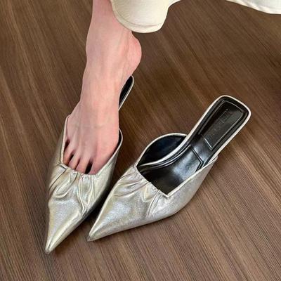 New Style Fashion Mules for Women Slippers Summer Thin Heels Female Shoes Slides Pointed Toe Low New Sewing Silk Rubber Shoes