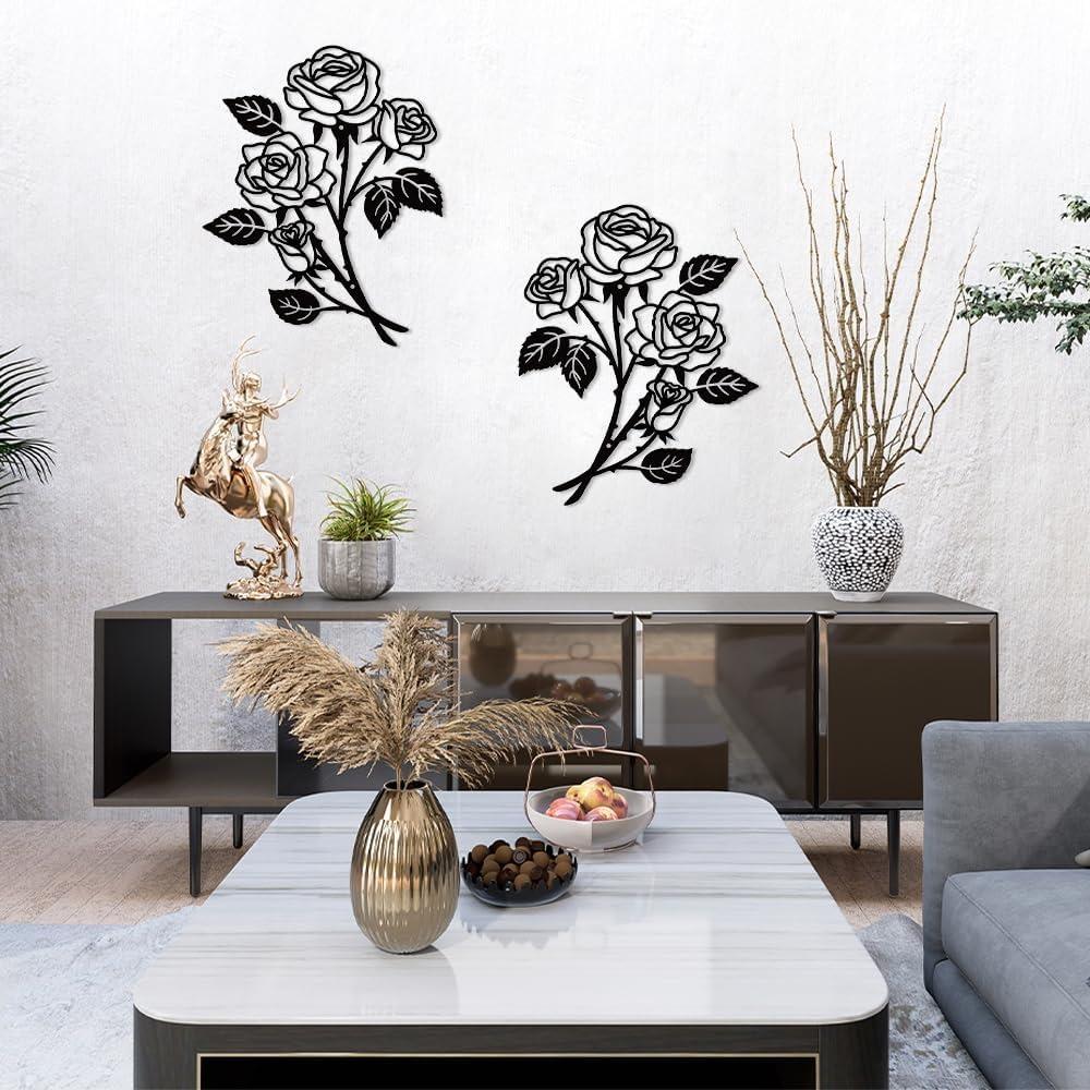 SITAKEGS 2pcs Metal Rose Wall Decor 11.8x9.4in Black Flower Sculpture Floral Art Hanging Ornament for Living Room Bathroom Bedroom Kitchen Garden