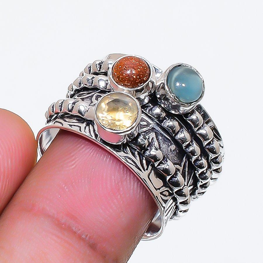 Natural Citrine, Sunstone 925 Sterling Silver Jewelry Ring Size 7.5 AR-18927
