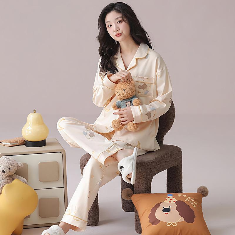 "Cute Dog Dachshund" ins cartoon spring and autumn striped pajamas women's cardigan long-sleeved loungewear autumn and winter suit