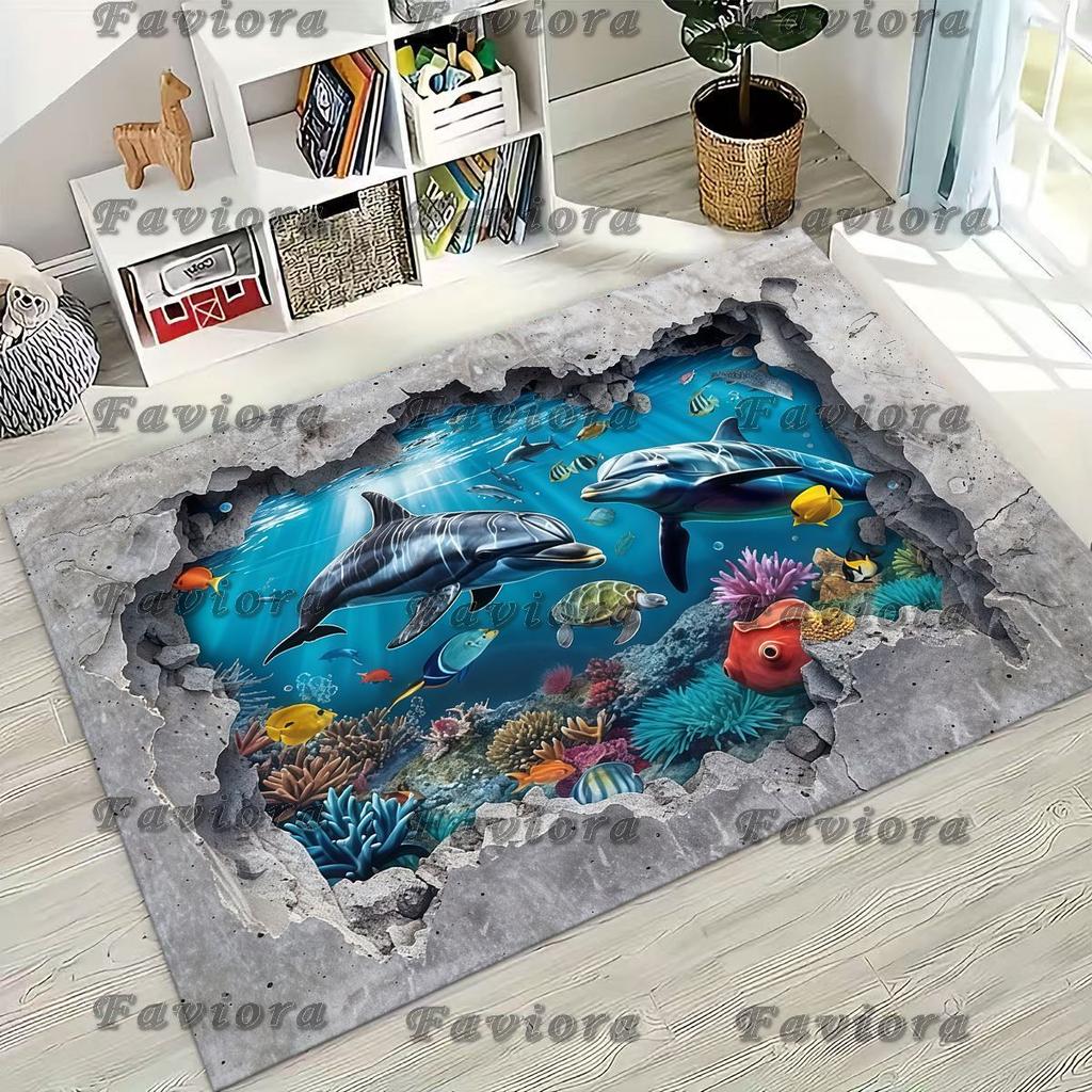 27 Style 3D Illusion Sea Underwater World Dolphin Rug for Bedroom Living Room Sofa Home Doormat Decor, Kids Non-slip Floor Mat